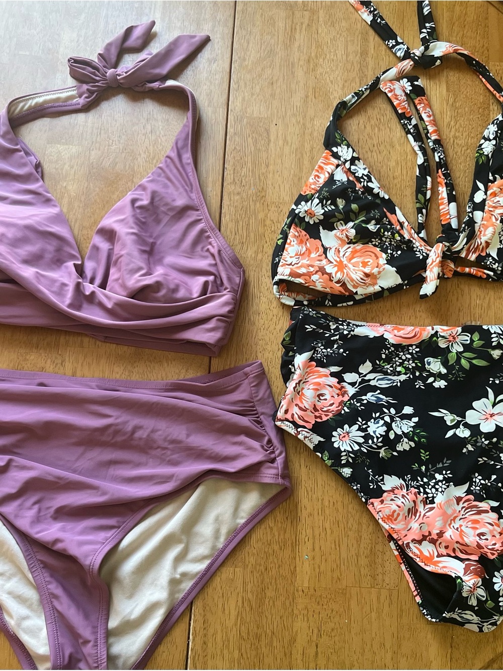 Cupshe Lavender Halter Top & Black Floral High-Waist Bikini Set
